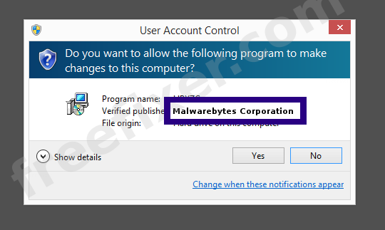 Screenshot where Malwarebytes Corporation appears as the verified publisher in the UAC dialog